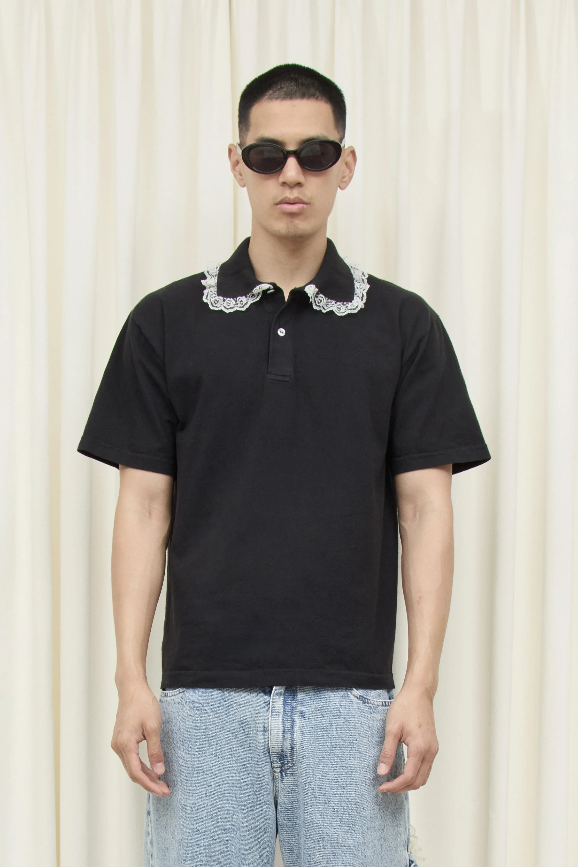 トップス lace point over size uniform L/S polo Cletus Lace Trim Long Sleeve Polo — Tanner Fletcher